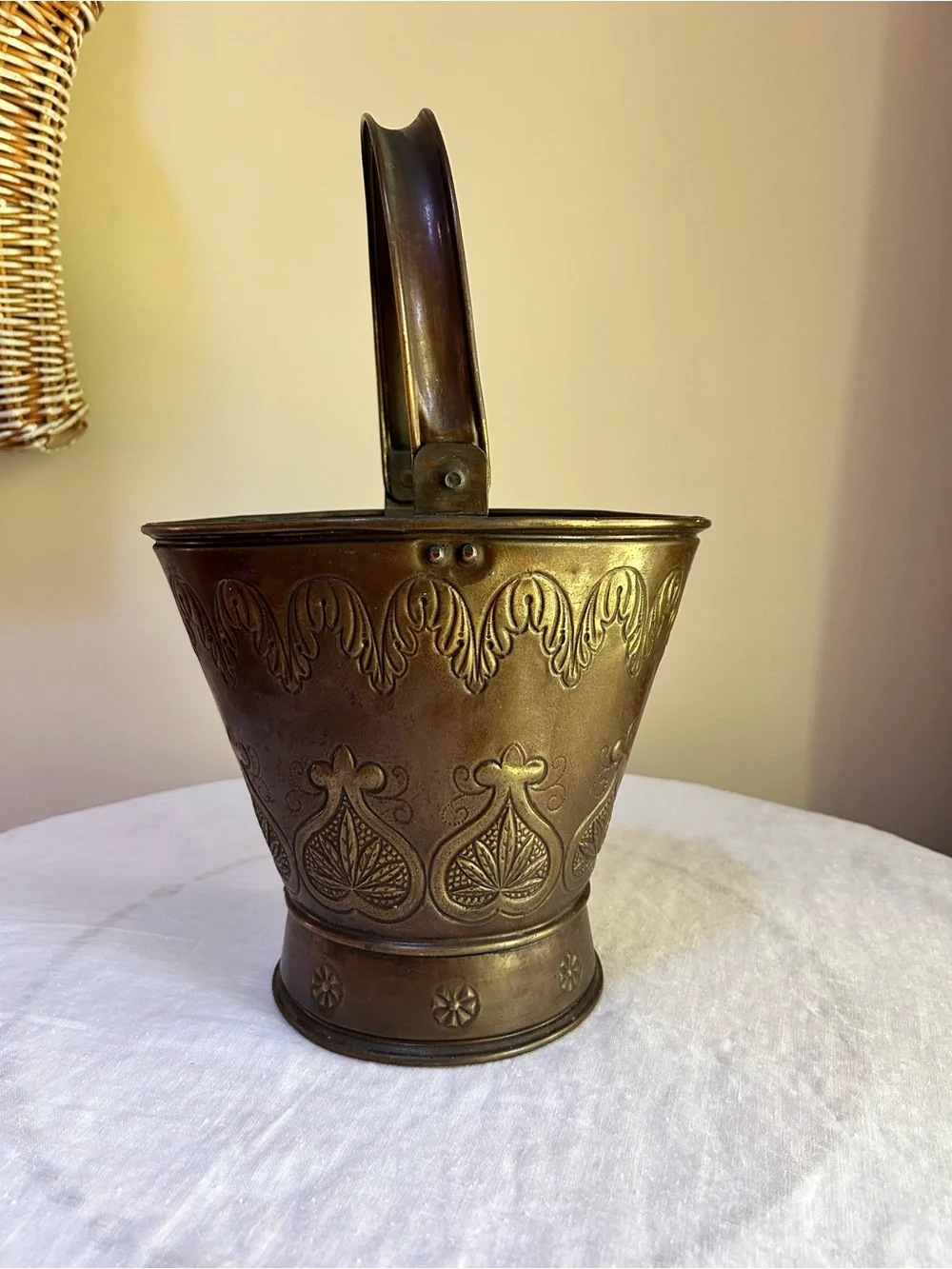 Vintage Mid-Century Embossed Brass Coal Bucket